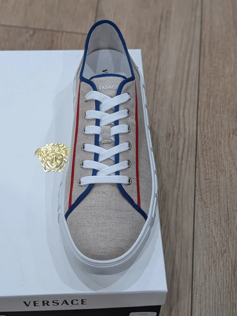 $750 VERSACE Canvas Low-Top Sneakers Beige/Red/Blue Palladium 43 US 10